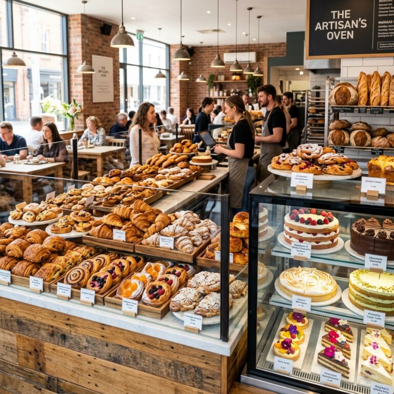 A visually stunning assortment of fresh pastries and cakes in a modern bakery