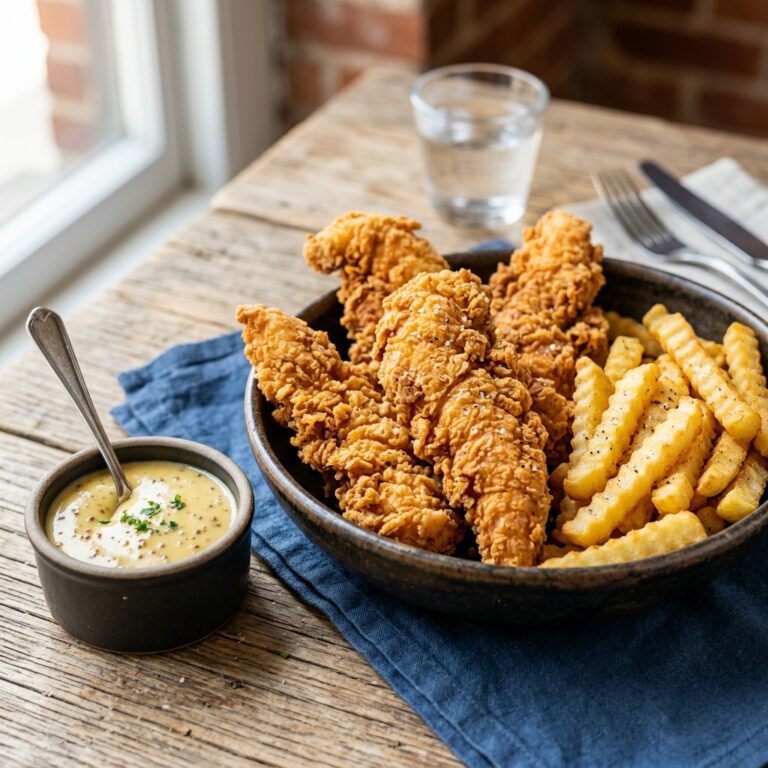 Crispy, golden chicken tenders and crinkle-cut fries with dipping sauce