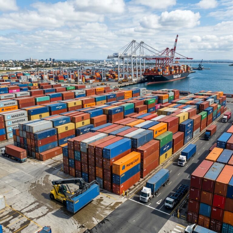 Stacks of colorful shipping containers at a massive industrial cargo port