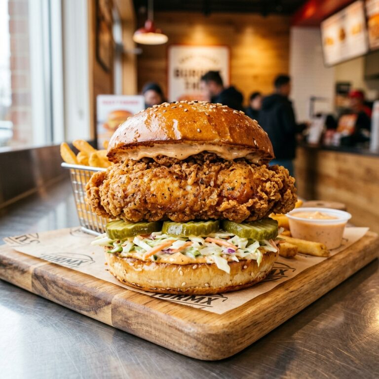 A highly appetizing, crispy fried chicken breast sandwich
