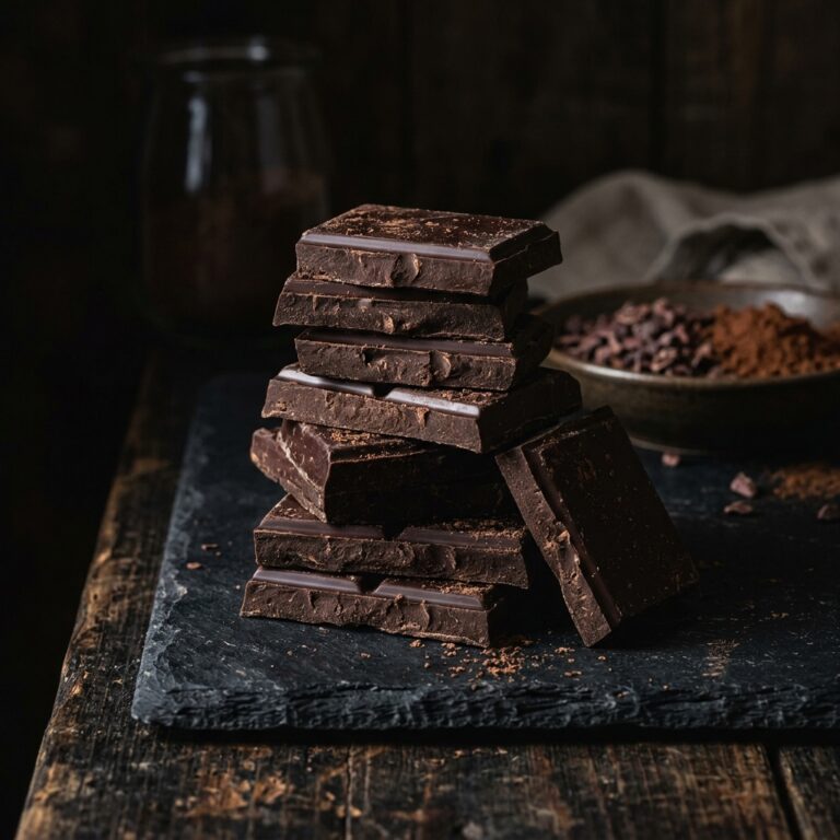 Rich, dark chocolate pieces stacked against a dark background
