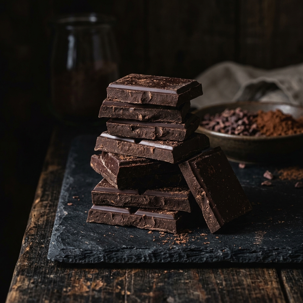 Rich, dark chocolate pieces stacked against a dark background