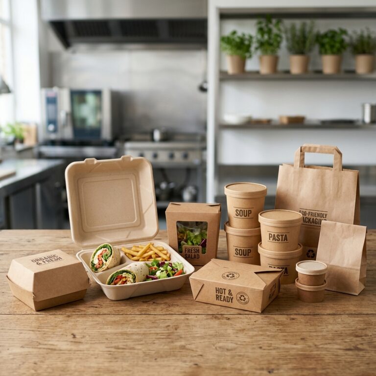 Various brown cardboard and paper food packaging containers