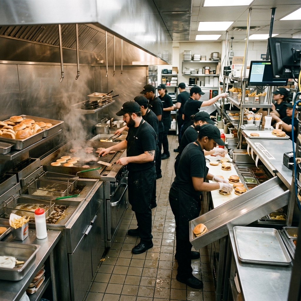 A busy, high-throughput stainless steel commercial kitchen in a fast-paced fast food restaurant