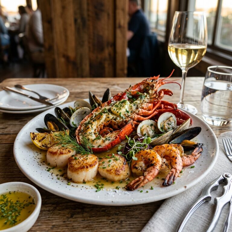 A highly appetizing, premium lobster and seafood dish served on a white plate