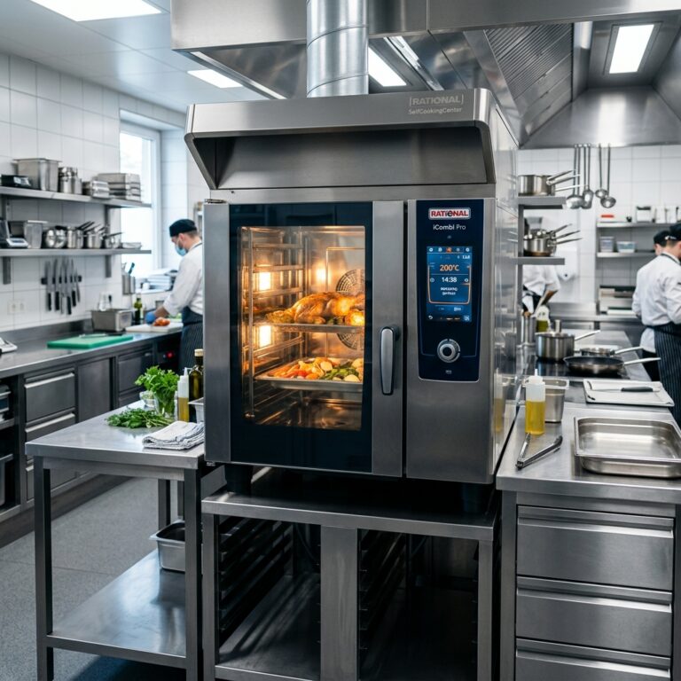 A modern, sleek industrial smart oven in a clean commercial kitchen