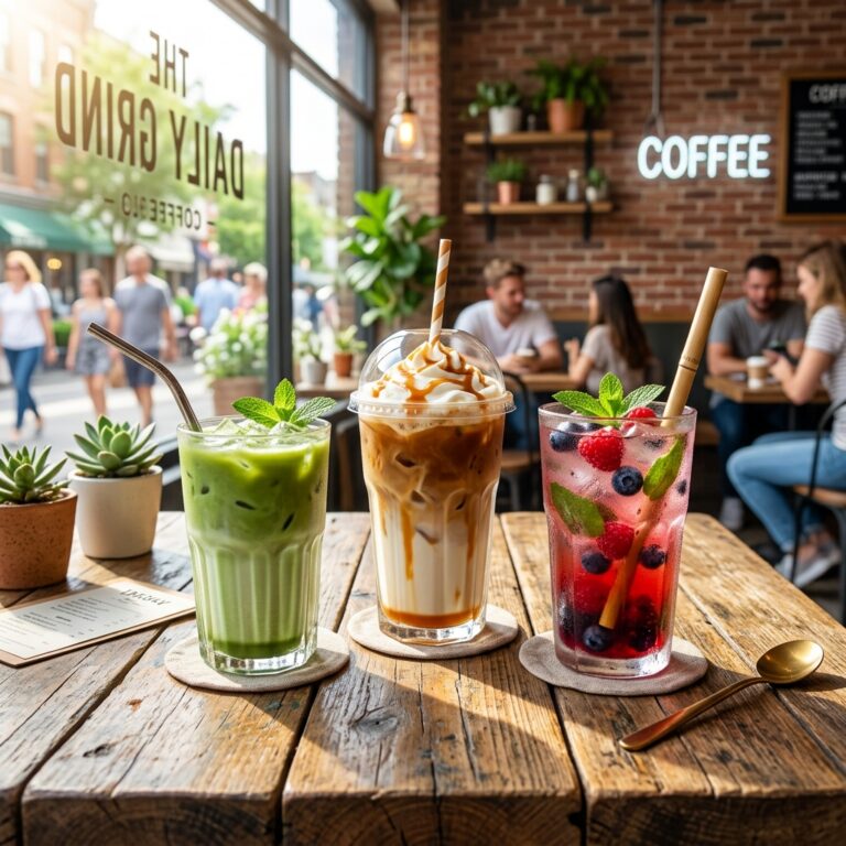Three vibrant iced cafe beverages on a sunny table